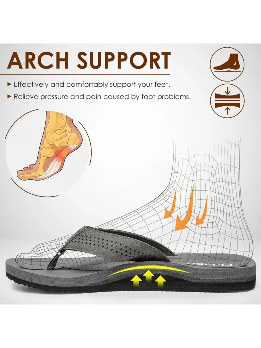Men's Grey Flip Flops With Arch Support Comfortable Yoga Mat Sandals Casual